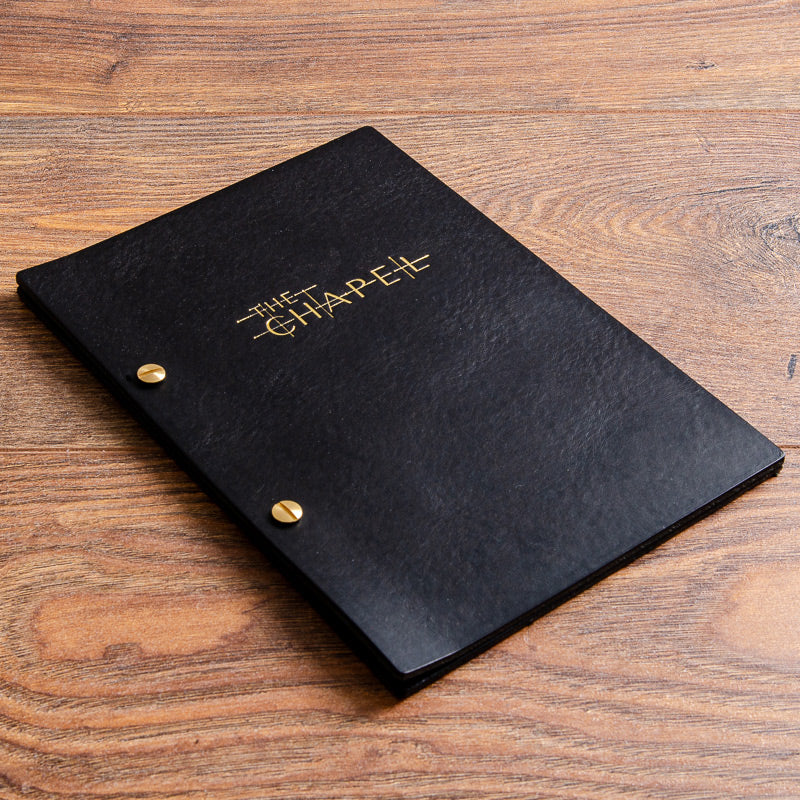 Black leather A5 drinks cocktail menu cover personalised with gold foil - Gallery image 2