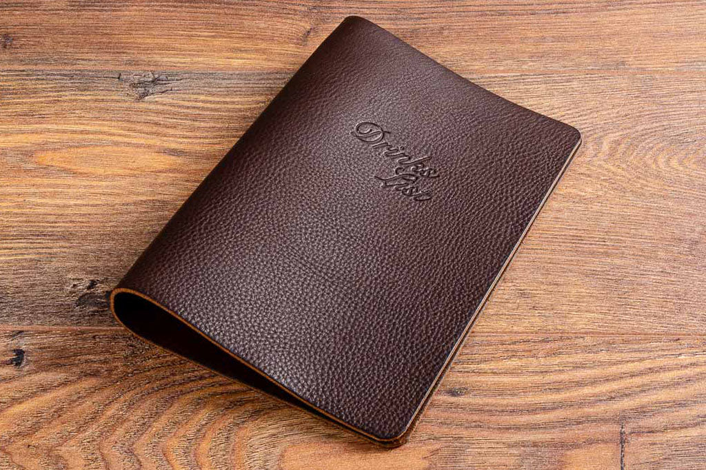 Personalised A5 leather drinks menu with elastic cord and embossed cover