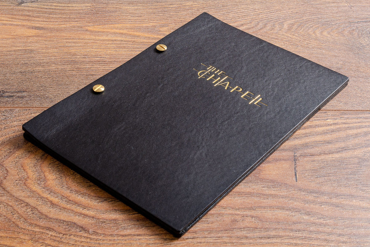 Black leather A5 drinks cocktail menu cover personalised with gold foil - Gallery image 4