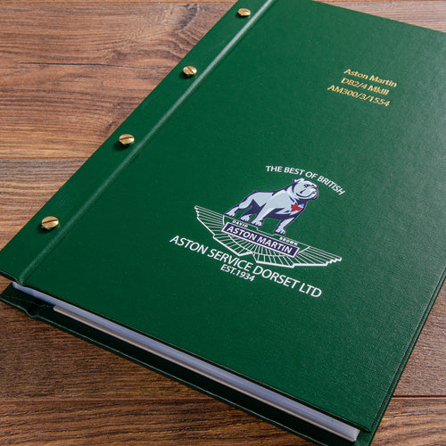 full colour personalized cover on classic car binder for Aston Martin specialist