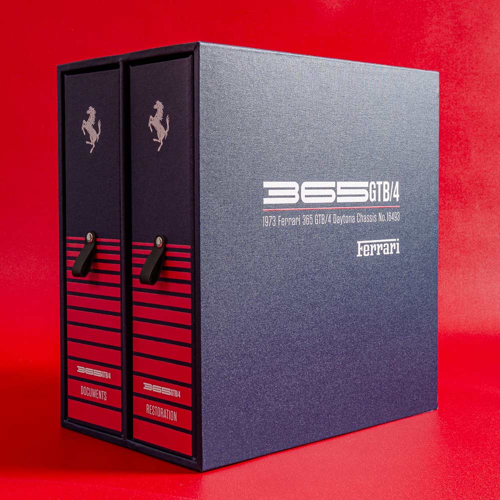 car document and restoration binders in a custom made box with red and blue design. - Gallery image 1