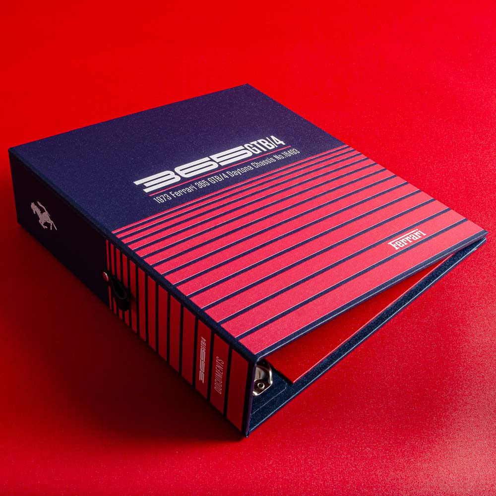 Ferrari 365 GTB4 vehicle document holder with red and blue design on a red background - Gallery image 4