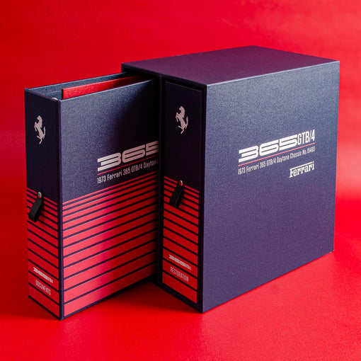 Ferrari 365 GTB/4 bespoke vehicle document box and binders on a red background