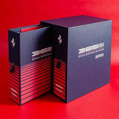 custom vehicle document box and rings binders for classic car history file documents personalised with custom printed Ferrari designs and logo