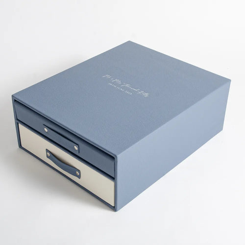 Luxury blue leather bound wedding keepsake box with foil embossed personalised cover and storage for wedding album and drawer. 