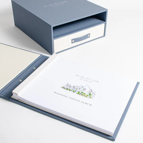 Screw post binder wedding photo album with premium and bespoke personalised leather slipcase and keepsake box with drawer 
