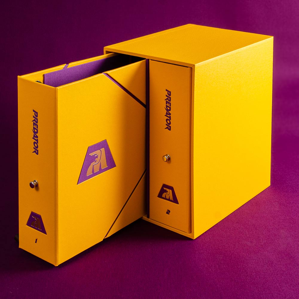 yellow slipcase box with personalised yellow binders with custom purple detail and gold foil embossing - Vehicles, Ring Binders, Multi Slipcase, All Ring Binders