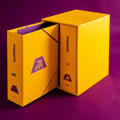 yellow slipcase box with personalised yellow binders with custom purple detail and gold foil embossing
