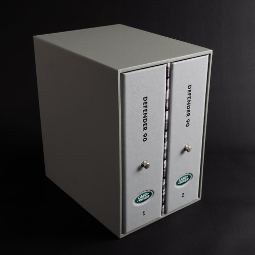 quality leather ring binders with black foil personalisation and car badge sitting within custom slipcase