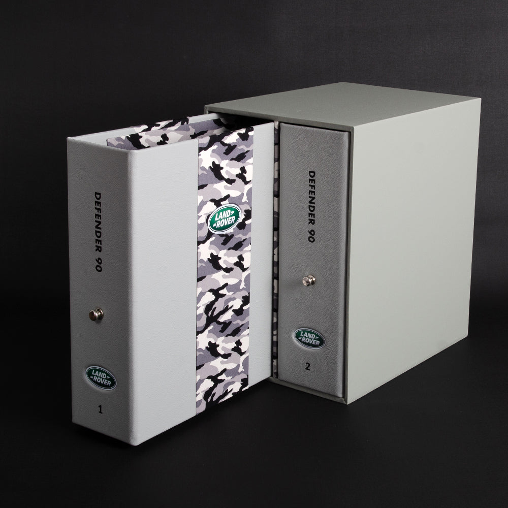 two luxury bespoke leather binders and slipcase in grey leather with camo insert for car documents - Gallery image 1