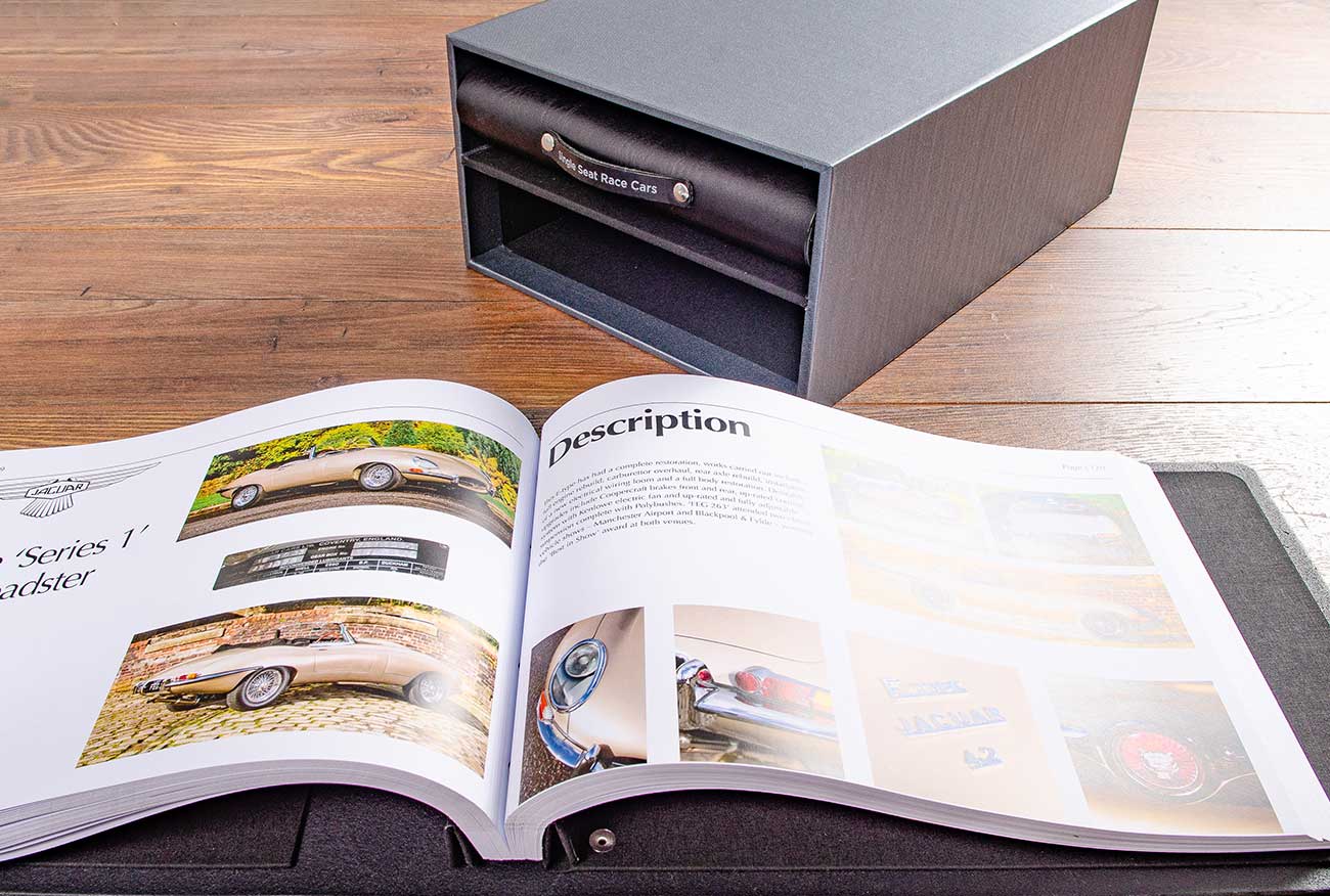 Leather screw post binder with car collectors catalogue and storage box