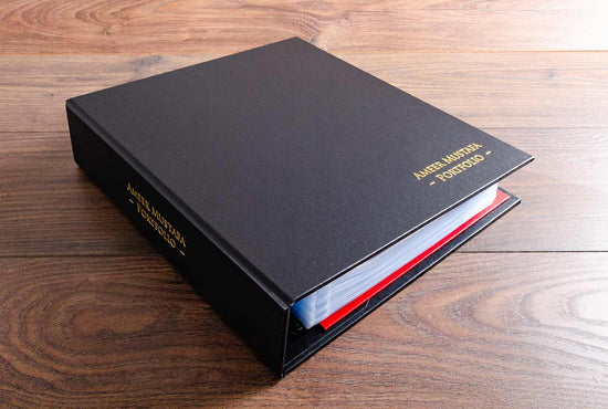 luxury personalised medical portfolio in black buckram with gold foil