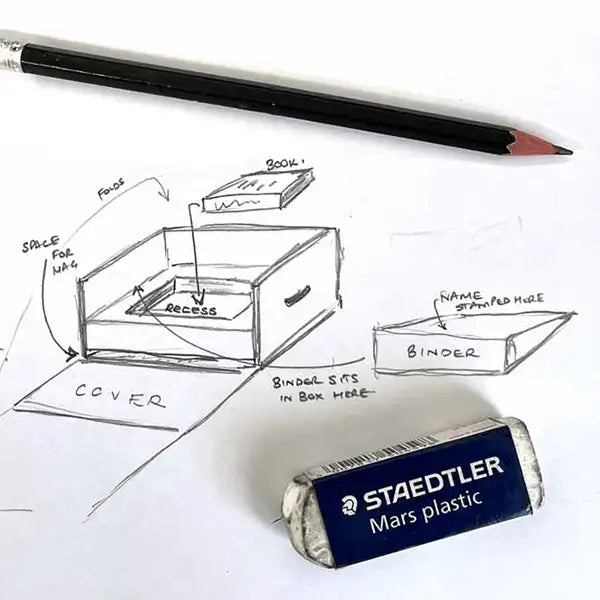 a sketch of an idea for making a bespoke and custom presentation box and binder