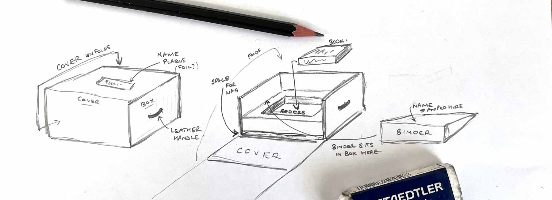 a sketch of an idea for making a bespoke and custom presentation box and binder
