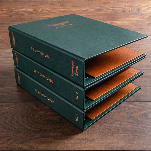 Three personalised ring binders for owner documents, service history and technical information for classic car file in green faux leather and foil embossed logos