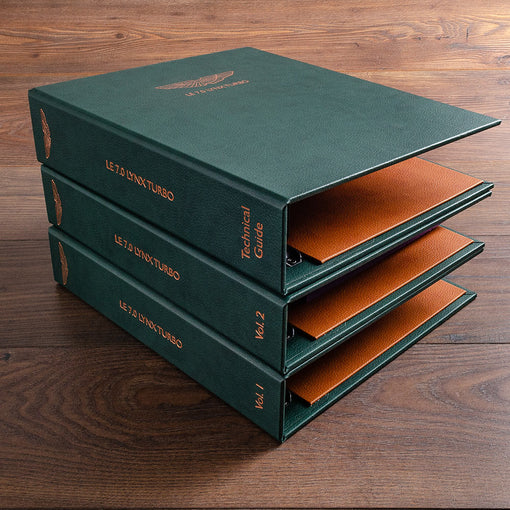 Three personalised ring binders for owner documents, service history and technical information for classic car file in green faux leather and foil embossed logos