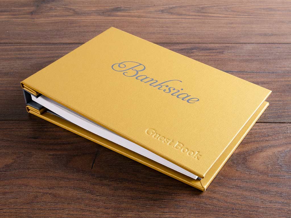 Personalised yellow guest book binder with foil embossed personalisation - Hospitality, Hidden Screwpost Binders, Guest Books, All Screw Post Binders