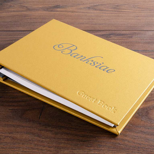 Personalised yellow guest book binder with foil embossed personalisation