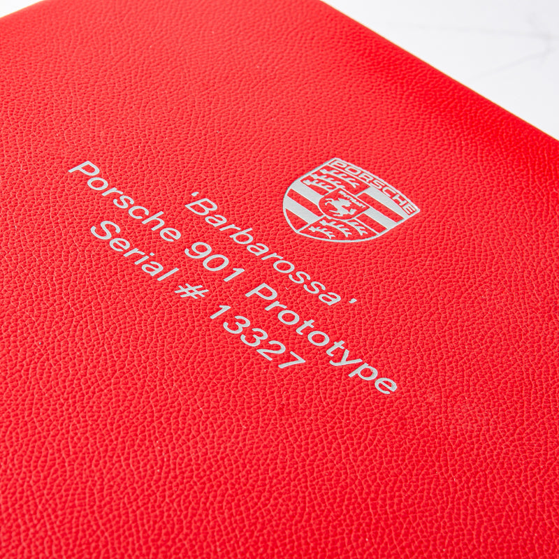 Silver foil embossing or Barbarosa Porsche 901 prototype vehicle document and history file in red leather - Gallery image 1