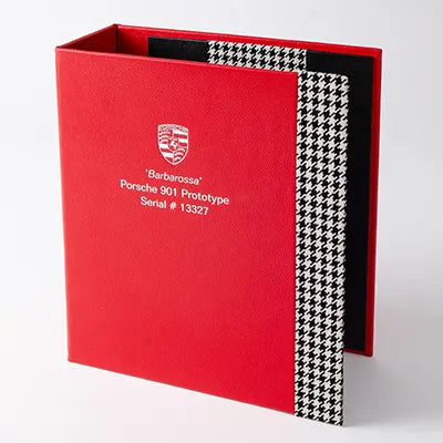 Custom and bespoke car history file for Porsche 911 prototype in red leather with hounds tooth seat fabric detailing and personalised silver foil embossing