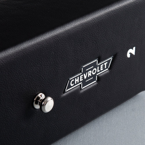 black chevrolet badge inserted into cover of personalised luxury binder
