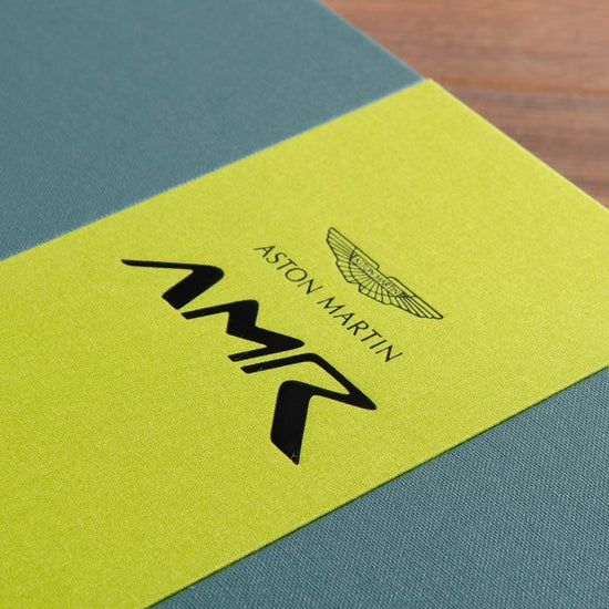 black foil embossed personalisation on green book cloth for classic car binder