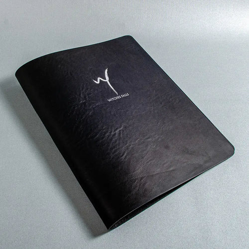 A4 Black genuine leather textured screw post binder menu cover with silver foil personalised cover