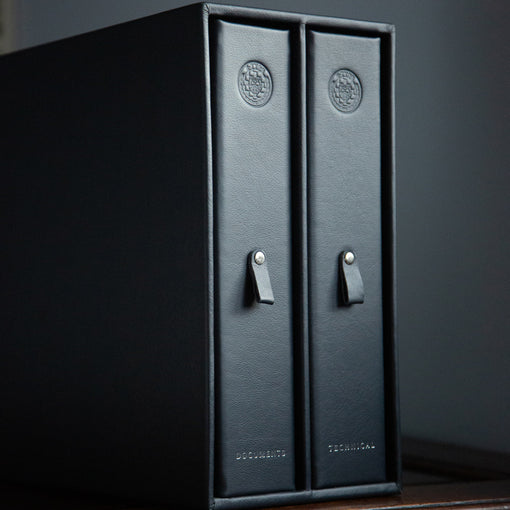 luxury high quality custom made leather ring binders with embossed titles for classic car history made bespoke by hartnack and company