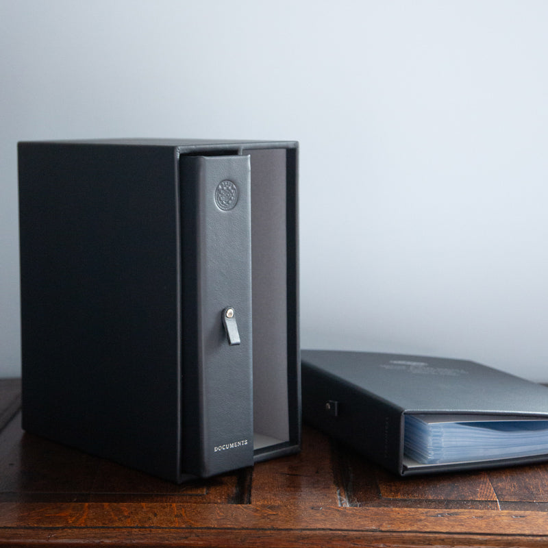 Leather bound ring binder set in blue leather with matching slipcase holder - Gallery image 3