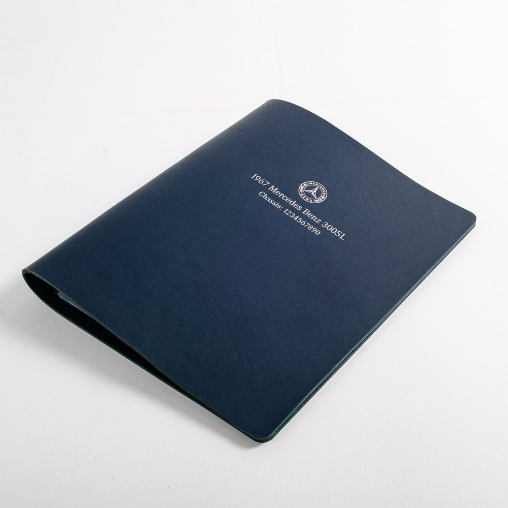Personalised navy blue leather folder with logo and text embossed with silver foil in the cover. - Vehicles, PGB Leather Binders