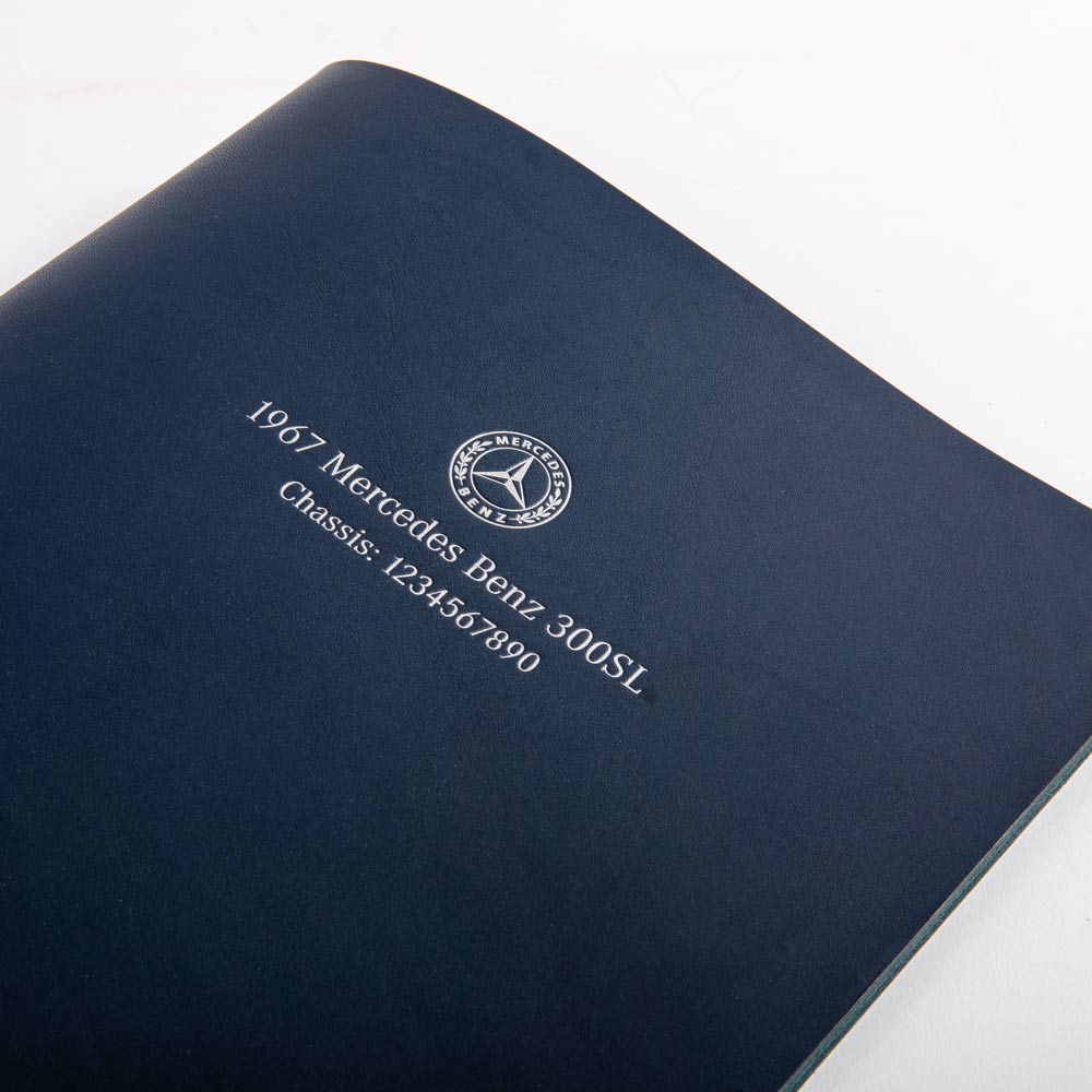 Blue leather Mercedes benz personalised vehicle document folder with silver foil embossed cover - Gallery image 5