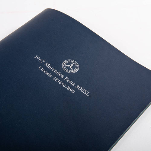 Blue leather Mercedes benz personalised vehicle document folder with silver foil embossed cover