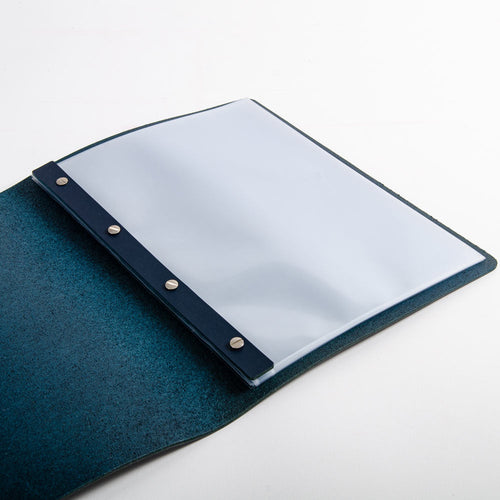 Blue leather screw post folder with clear plastic sleeves