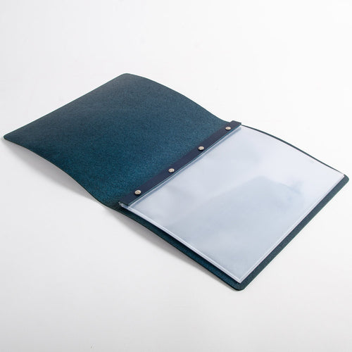 Dark blue leather screw post folder with clear plastic sleeves inserted into the cover