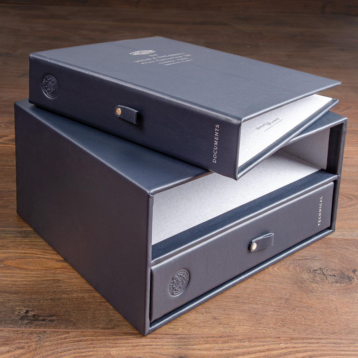 luxury leather box and ring binders for classic car documents and history