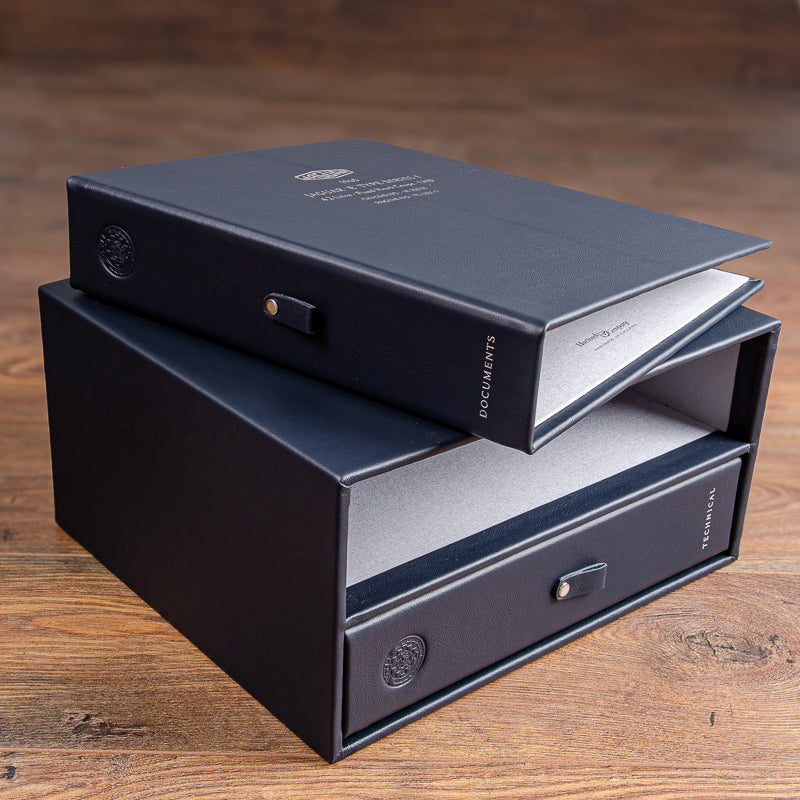 Luxury leather bound ring binders in blue leather with silver foil embossing and matching leather slipcase for Jaguar classic car history file - Gallery image 1