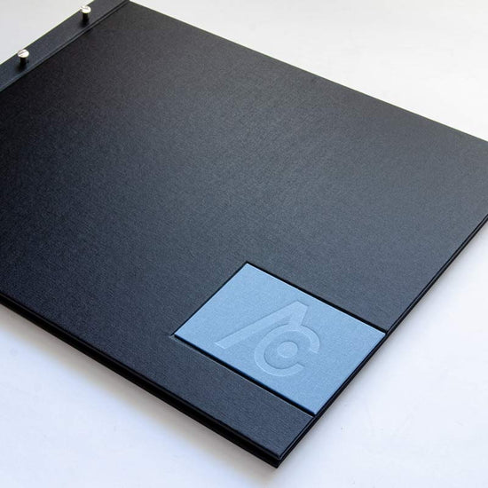 A3 landscape screw post portfolio book with blue recessed embossed name plaque