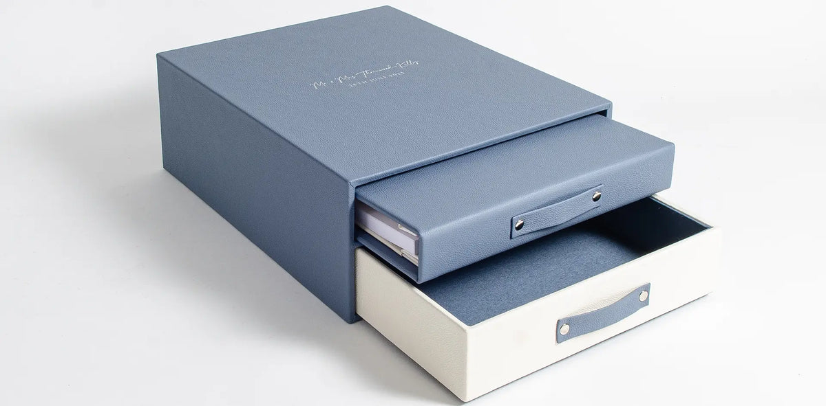 luxury leather personalised wedding keepsake box with drawer and storage for a matching leather foil embossed wedding album custom made by Hartnack and company