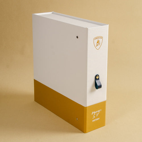 White and gold clamshell box file with personalised spine