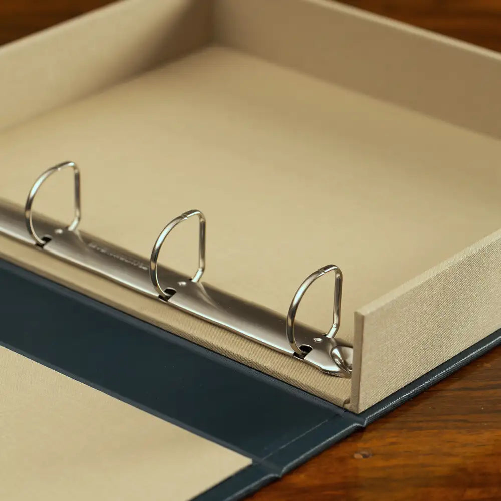 High quality Drop Back Box File in luxury fabric with custom ring binder mechanism and clamshell design by Hartnack and Company