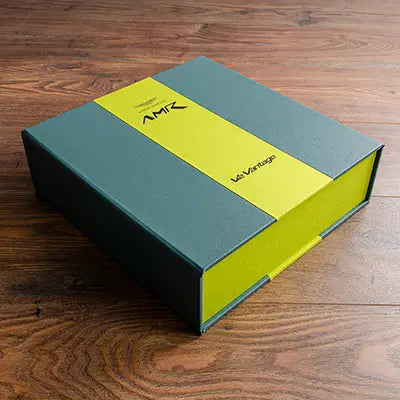 Custom made vehicle document history box file in green with a light green stripe for aston martin v12 vantage