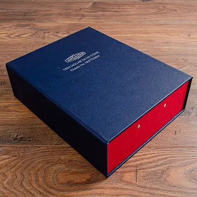 blue vegan leather box file for classic car document storage with silver foil personalised cover by Hartnack & Co.