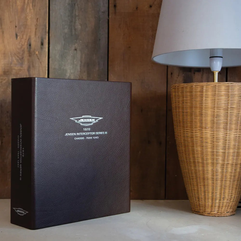 Leather Covered Box File in dark leather, with silver foil personalisation for Jensen bespoke luxury file perfect for classic car documents.