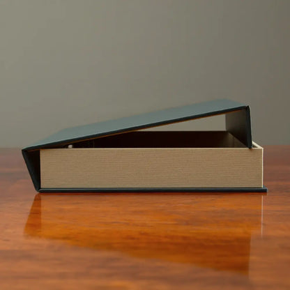 High quality custom made Box File luxury bespoke clamshell box with magnetic closure and custom fit design by Hartnack and Company