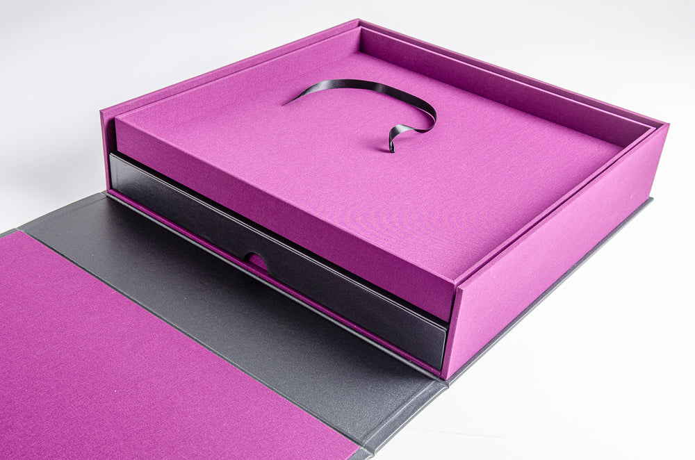 Artist portfolio box with double slipcase feature open