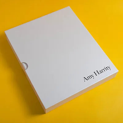 beautiful screw post portfolio book and slipcase in white fabric on yellow background with black logo embossed on cover