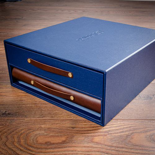 blue box with personalised debossed cover and blue drawer and leather album