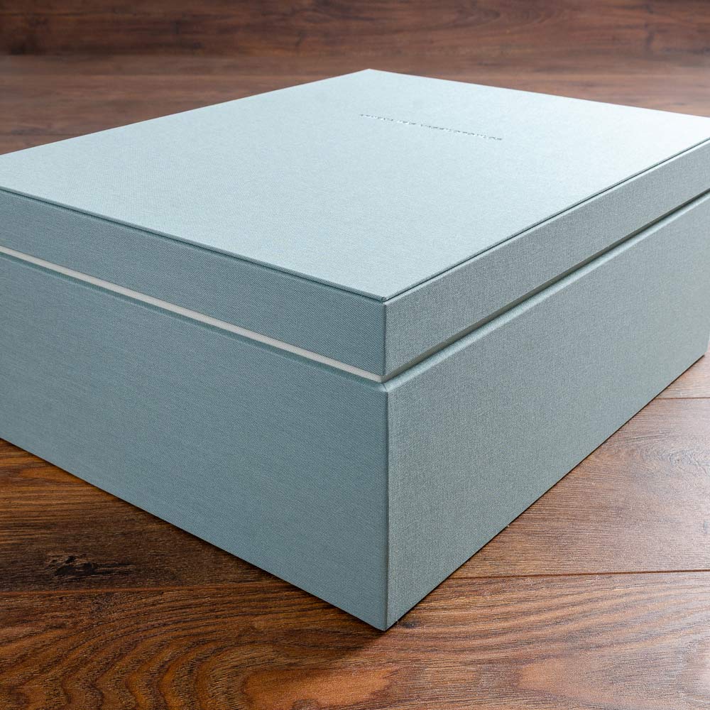 luxury box in green book cloth for baby keepsake box - Gallery image 1