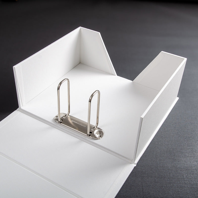 large 80mm ring binder clamshell box file in white buckam cloth on black back ground - Gallery image 3