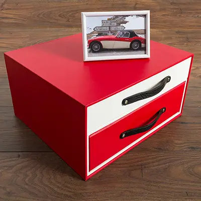 bespoke vehicle document box for classic car history and restoration documents for red and white austin healey